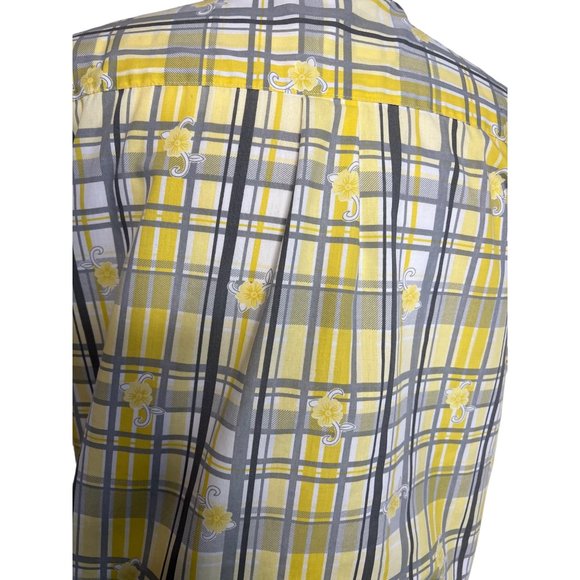 Adrian Delafield blouse L/XL Yellow gray plaid flowers short sleeve pocket colla - Picture 9 of 15